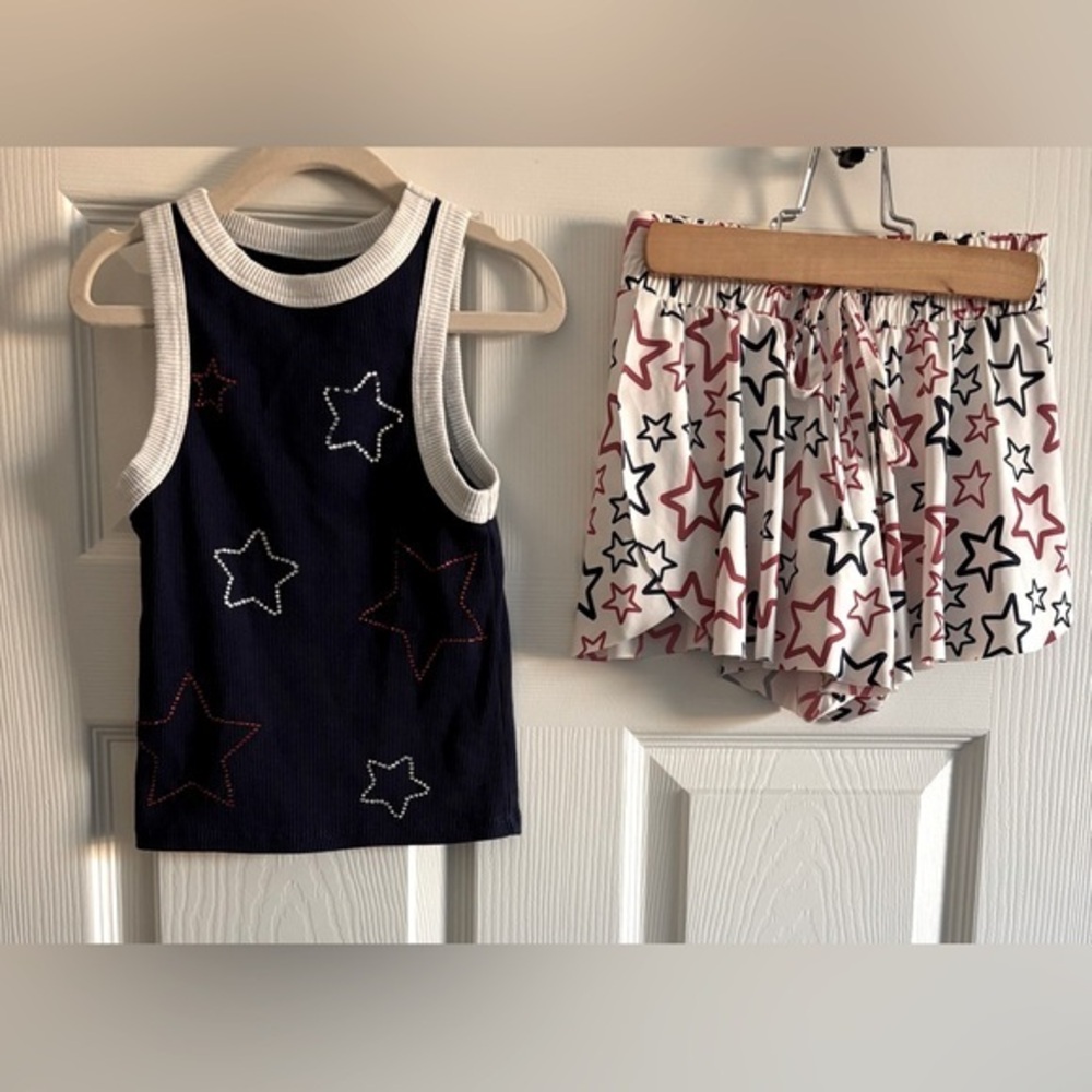 btween Girls Active Set Blue Top and White Skort with red and blue stars